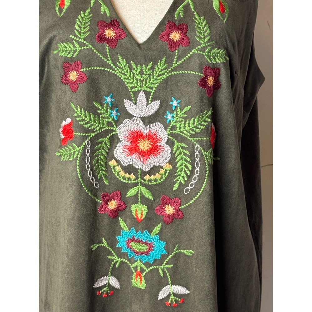 Umgee Dress‎ Women Small Olive Green Faux Suede Floral Embroidered Mini Bohemian - Picture 8 of 11